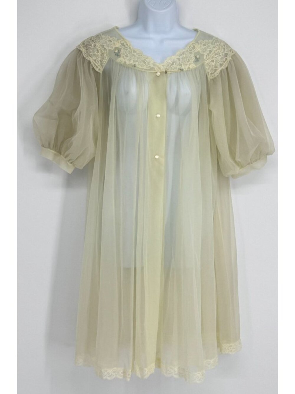 VTG 60s 70s Shadowline Sheer Chiffon Peignoir Robe Lace Babydoll Yellow Small